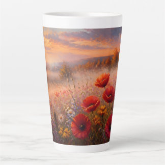 Tasse Latte Champ de coquelicots au coucher du soleil, peintur