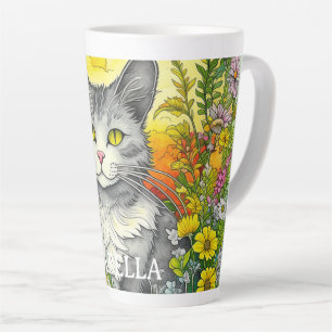 Tasse Latte Chat et fleurs fantaisistes personnalisés