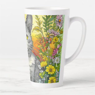 Tasse Latte Chat et fleurs fantaisistes personnalisés