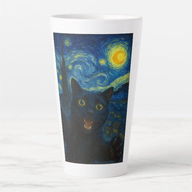 Tasse Latte Chat noir Starry Nuit Van Gogh Chat Selfie (Devant)