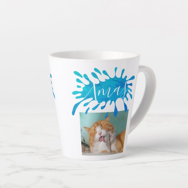Tasse Latte Chat Pet Bleu Xmas Script Photo Noël (Angle droit)