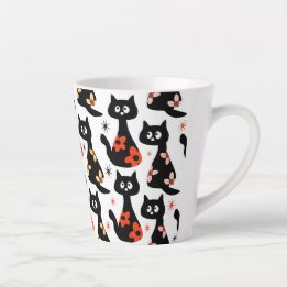Tasse Latte Chats noirs rétro Floral (blanc) en latte