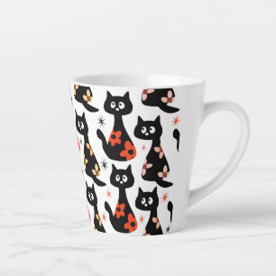 Tasse Latte Chats noirs rétro Floral (blanc) en latte