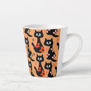 Tasse Latte Chats noirs rétro-floraux (orange) en latte