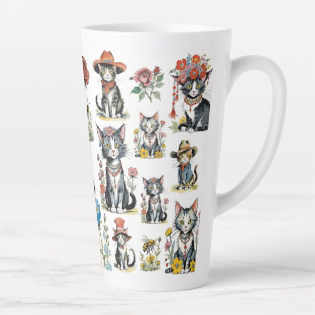 Tasse Latte Chats Whimsical avec Casquettes et Fleurs (Droite)