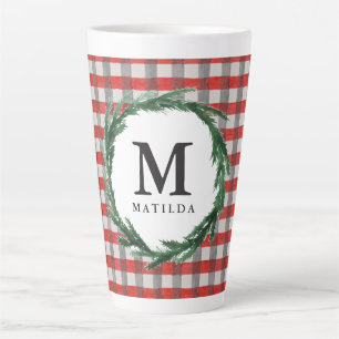 Tasse Latte Chèque rouge et aquarelle première couronne Noël