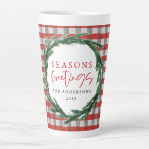 Tasse Latte Chèque rouge et couronne d'aquarelle Noël