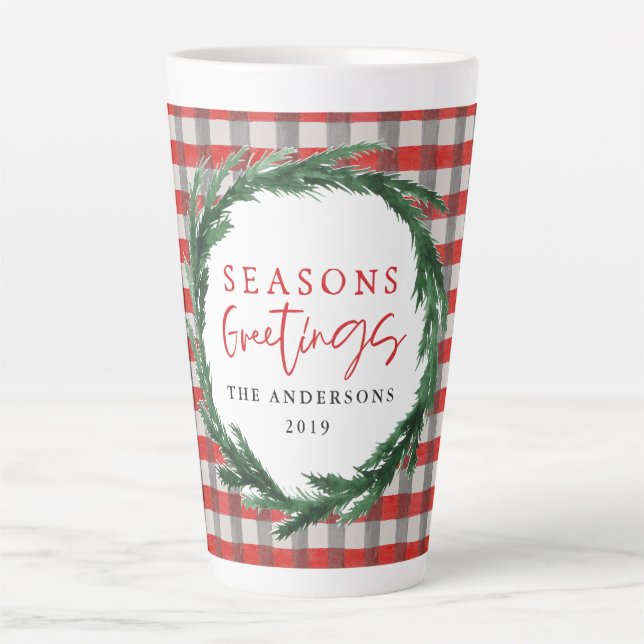 Tasse Latte Chèque rouge et couronne d'aquarelle Noël (Devant)