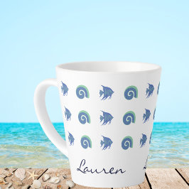 Tasse Latte Chic Blue and White Fish Shells Beach House