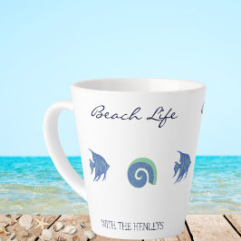 Tasse Latte Chic Blue White Fish and Shell Family Beach House