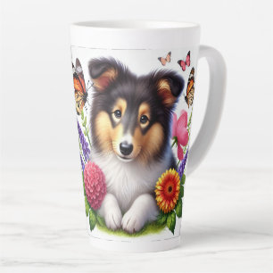 Tasse Latte Chien-mouton Shetland avec fleurs et papillons