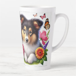 Tasse Latte Chien-mouton Shetland avec fleurs et papillons
