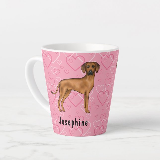 Tasse Latte Chien Rhodesian Ridgeback Sur Coeurs Rose Avec Nom (Angle gauche)