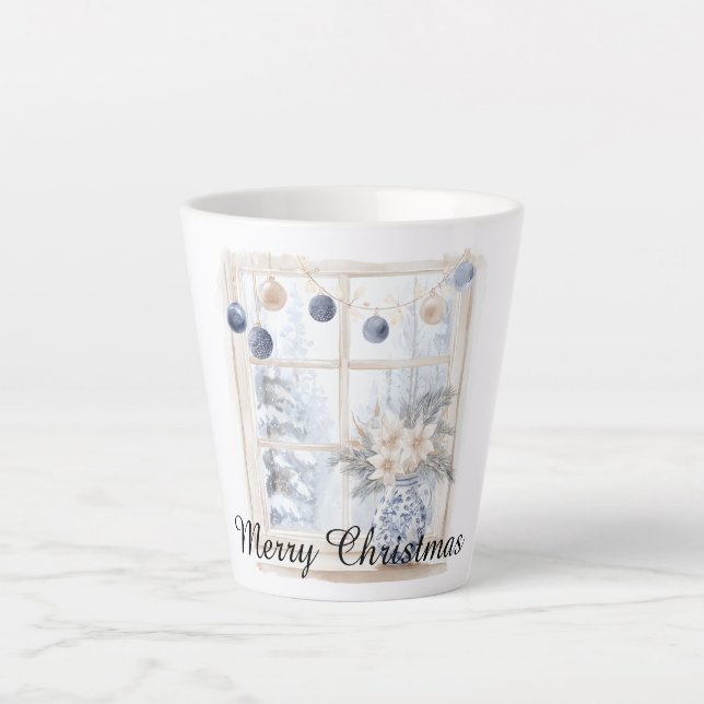 Tasse Latte Christmas Blue Cream Ornaments Flowers Tree Window (Devant)