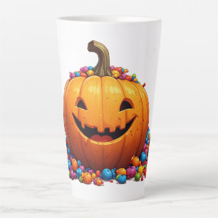 Tasse Latte Citrouille heureuse entourée de bonbons pour la fê