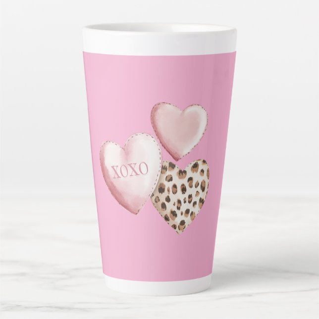 Tasse Latte Coeurs Empreintes de léopard XOXO Rose (Devant)