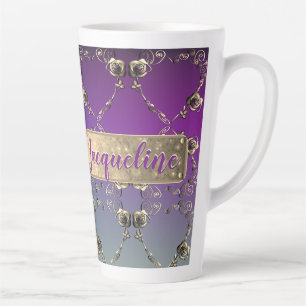 Tasse Latte Coeurs fantaisie Dégradé violet avec nom