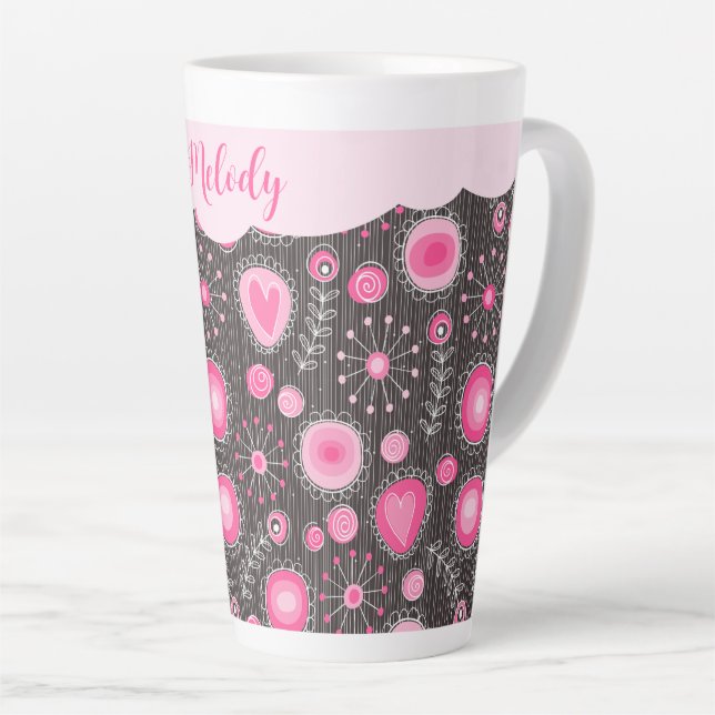 Tasse Latte Coeurs gris rose blanc et nom fleuri (Angle droit)