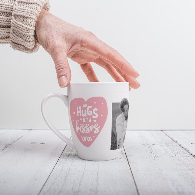 Tasse Latte Collage Couple Photo & Hugs And Kisses PInk Heart (Créateur téléchargé)