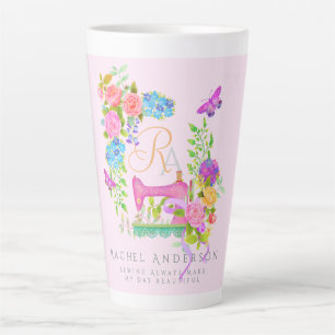 Tasse Latte Coudre le ruban de carbone Floral Monogramme rose