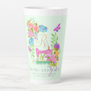 Tasse Latte Coudre le ruban de carbone Floral Monogramme vert