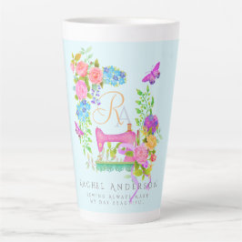 Tasse Latte Coudre Ruban Floral Monogramme bleu
