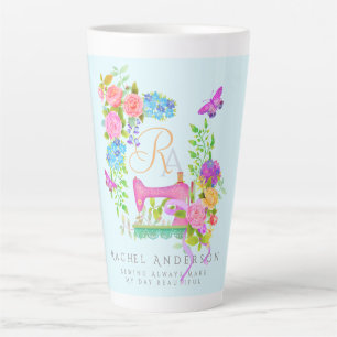 Tasse Latte Coudre Ruban Floral Monogramme bleu