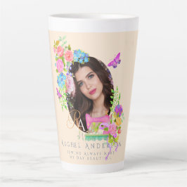 Tasse Latte Coudre Ruban Floral Monogramme Photo Beige
