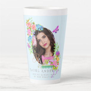 Tasse Latte Coudre Ruban Floral Monogramme Photo Bleu
