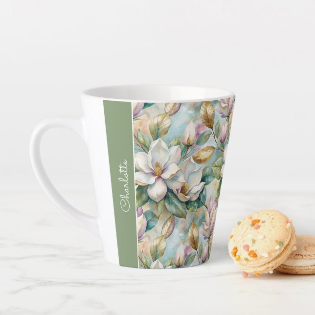 Tasse Latte Custom Pattern Elegant Magnolia Flowers (En situation)