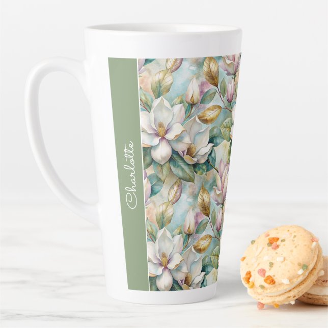 Tasse Latte Custom Pattern Elegant Magnolia Flowers (En situation)