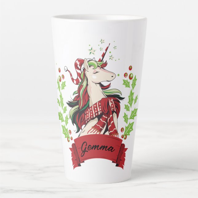 Tasse Latte Cute Christmas Unicorn Nom personnalisé (Devant)