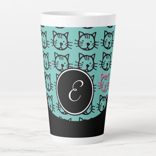 Tasse Latte Cute Kitty (noir, turquoise et rose) (Devant)