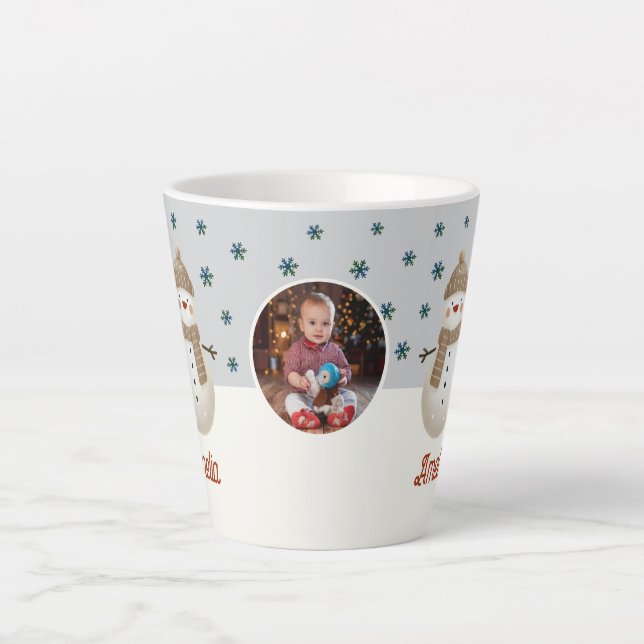 Tasse Latte Cute Snowman Snowflakes Nom Photo Noël (Devant)