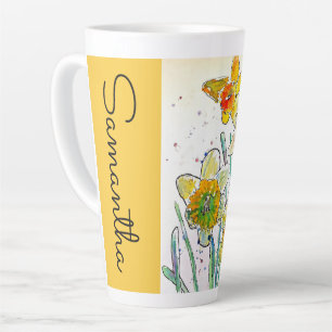 Tasse Latte Daffodique Fleur Floral Aquarelle Femme Nom