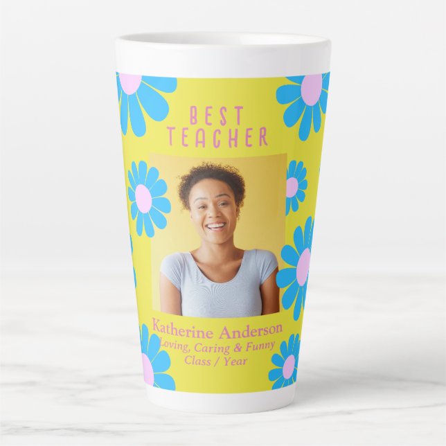 Tasse Latte Daisy Meilleur enseignant Photo Jaune (Devant)