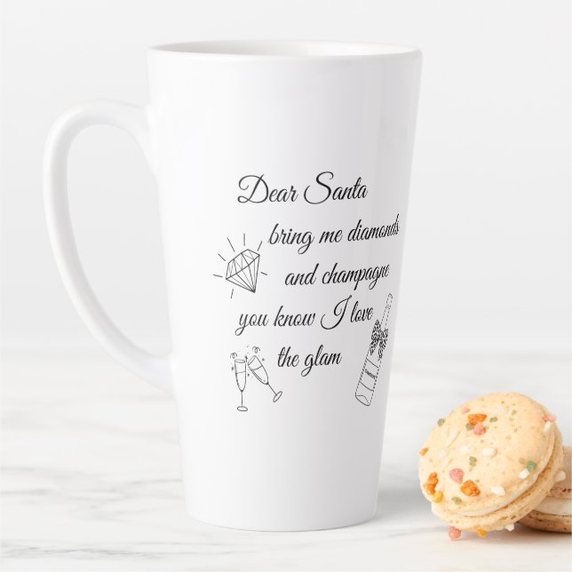 Tasse Latte Dear Santa Champagne & Diamonds Line Art Design (En situation)