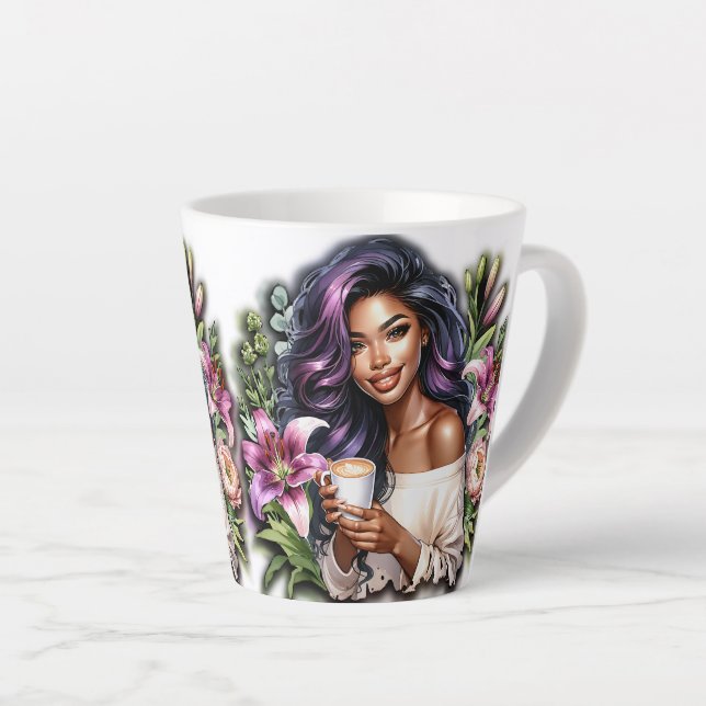 Tasse Latte Design Floral Jolie Dame Avec Café (Angle droit)