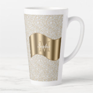 Tasse Latte Diamants, Grand Monogramme Or Nom du script blanc