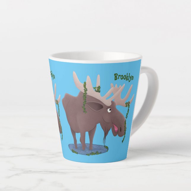 Tasse Latte Drôle dessin animé d'orignal heureux (Angle droit)