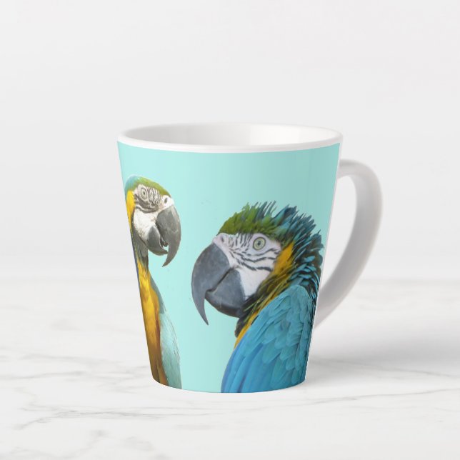 Tasse Latte Drôle Parler Les Perroquets Poussière. BG Bleu Lat (Angle droit)