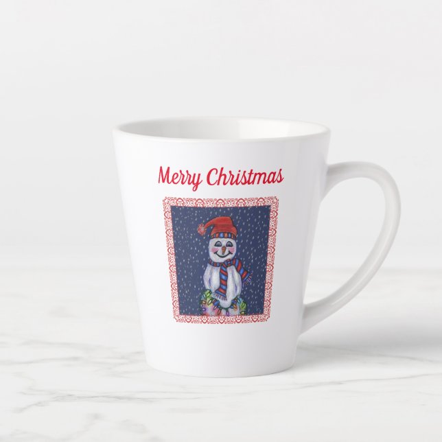 Tasse Latte Écharpe Casquette Snowman Souriant Avec Lumières D (Droite)