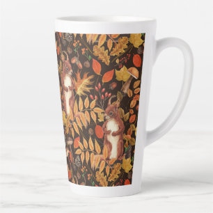 Tasse Latte Écureuils automnaux et flore sur brun foncé