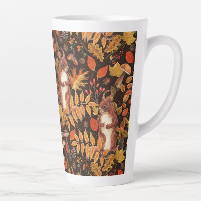 Tasse Latte Écureuils automnaux et flore sur brun foncé (Droite)