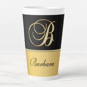 Tasse Latte Élégant "B" Monogramme Nom personnalisé Black Gold