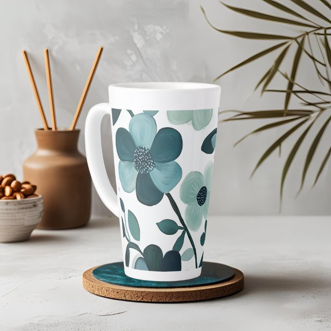 Tasse Latte Elégant bleu Aqua motifs floraux Conception de la  (Créateur téléchargé)