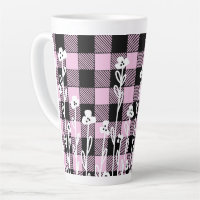 Élégant doodé noir rose floral plaid motif