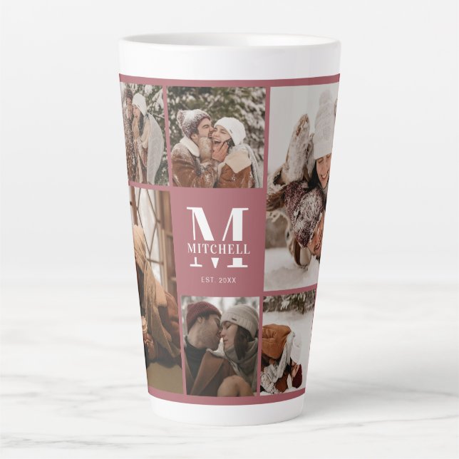 Tasse Latte Élégant moderne Famille Photo Collage Monogramme (Devant)