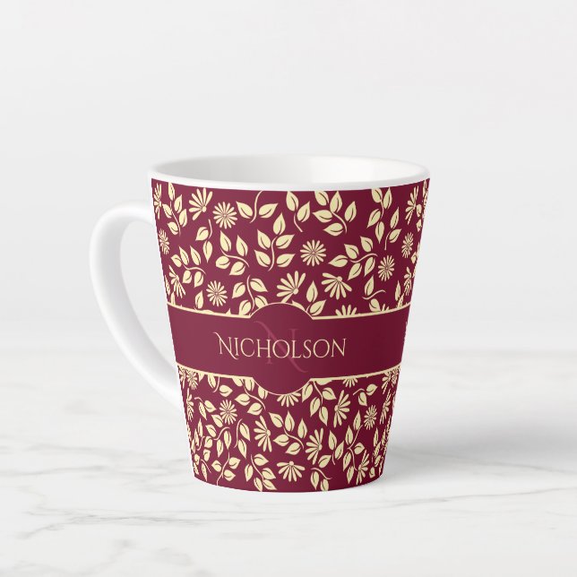 Tasse Latte Élégant nom Monogramme Feuille Motif de marguerite (Angle gauche)