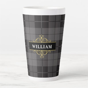 Tasse Latte Élégant Tartan Noir Plaid Monogramme